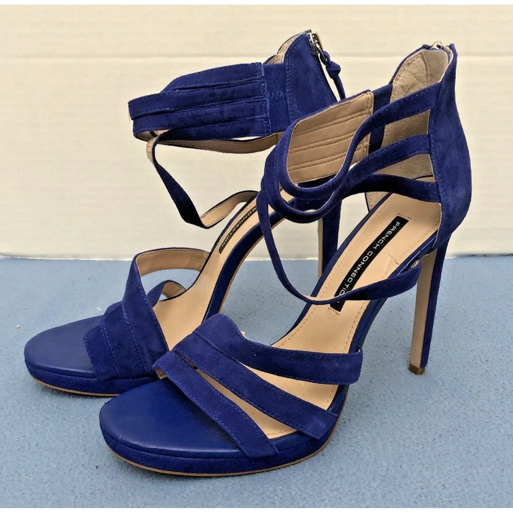 French‎ Connection Women's Blue Suede Slip-On Open Toe Zip Back Heels - Sz 9
